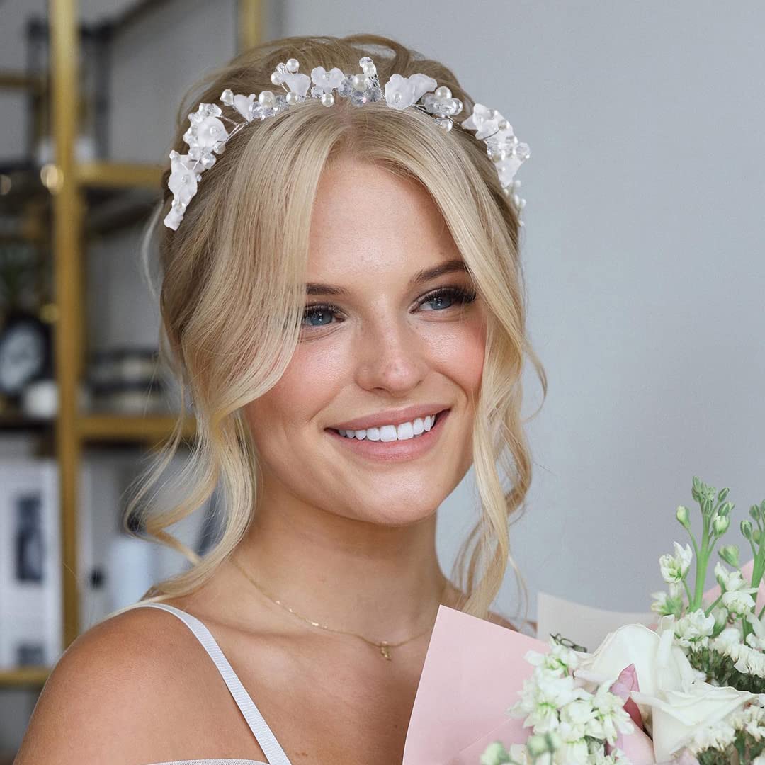 LAPOHI 2 Stück Hochzeit Blume Kopfschmuck für Mädchen, Blume Stirnband Fee Perle Blume Krone für Mädchen Braut Kristall Blume Tiara für Frauen Hochzeit