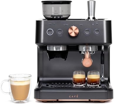 Cafe Bellissimo Semi Automatic Espresso Machine with Grinder & Milk Frother | Copper Accents | WiFi App Control | Large 95oz Tank | Matte Black
