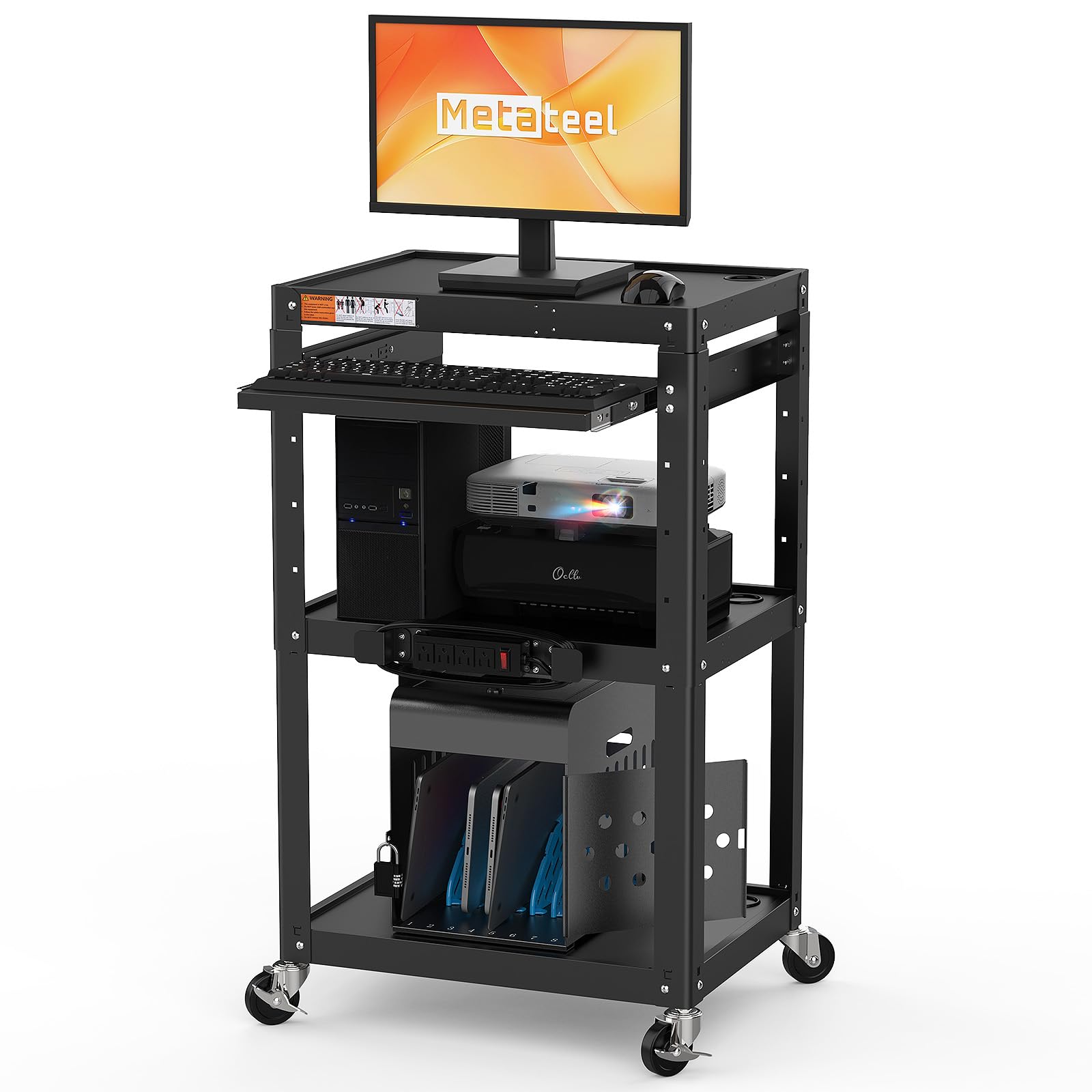AV Presentation Cart Stand for Video Projector,TV,Laptop Computers,Printers,Metal Construction Rolling Cart with Adjustable Shelves,4 Wheels,4 Outlets, 5.75ft Cord,Support 300 lbs,Black