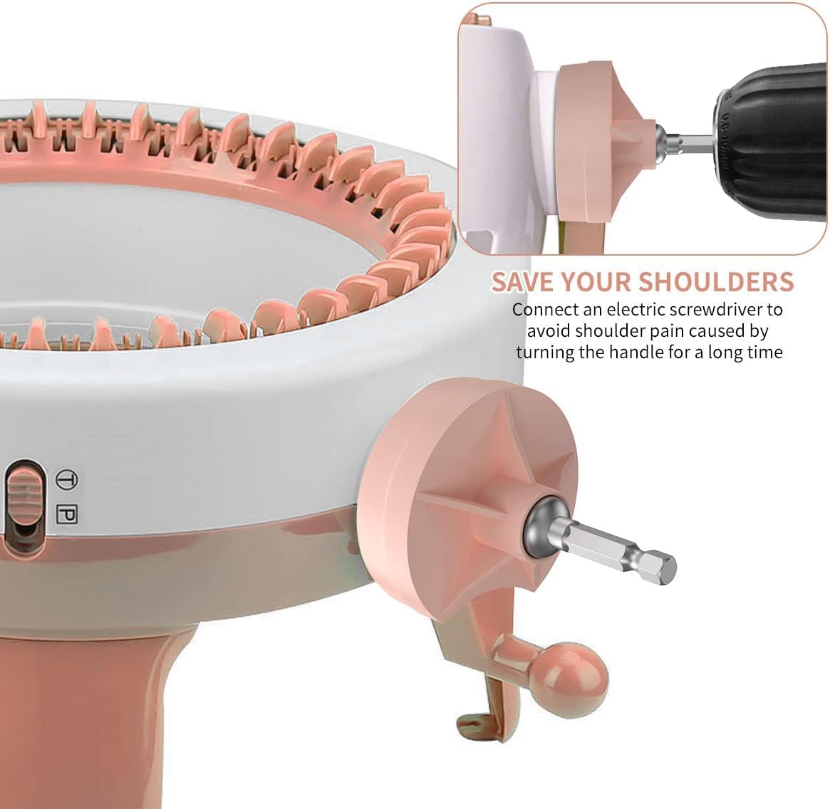 Adaptador para máquina de Tejer, manivela con Broca de Acero Hexagonal para máquina de Tejer, 48 Agujas, Color Rosa