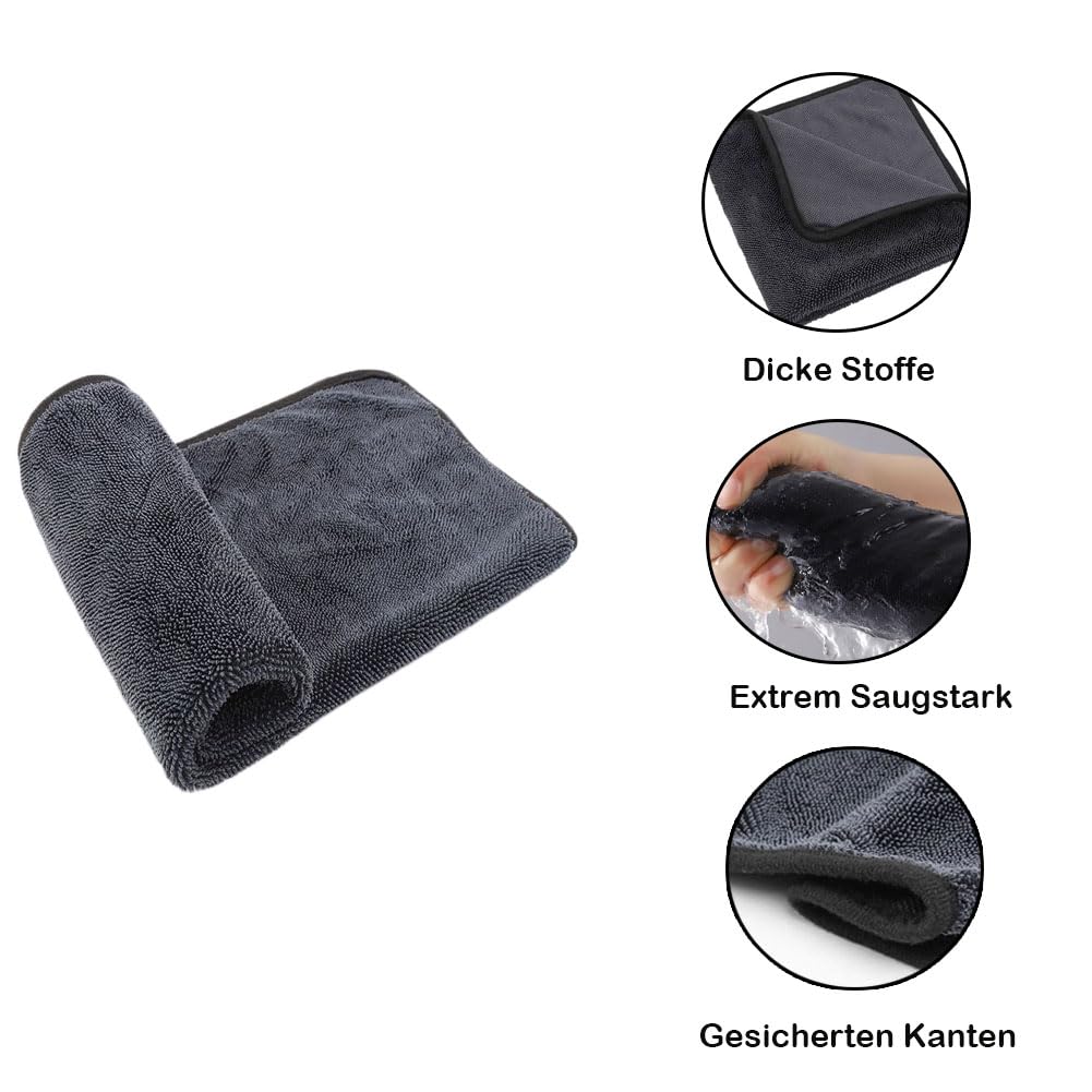 Auto Trockentuch 2 Stück Mikrofasertücher Reinigungstuch Handtücher Putzlappen Fenster Tücher Poliertuch Glasreinigungstuch Küchentuch Twisted Towel für Haus Küche Grau Einlagig (500 g/m²)