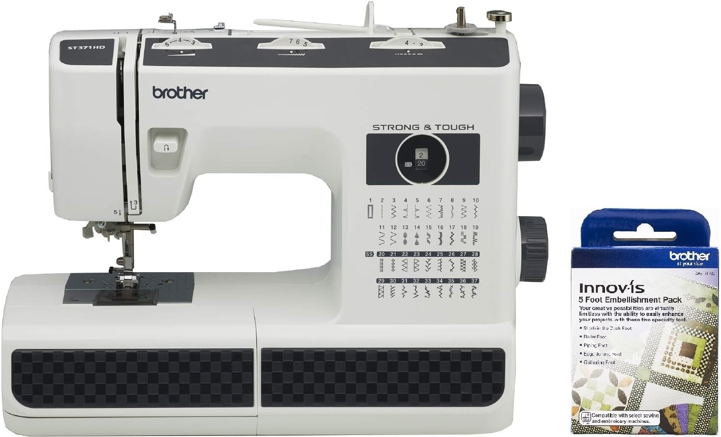 Brother ST371HD 37-Stitch Sewing Machine, SA5FTPKG 5 Foot Embellishment Pack Included