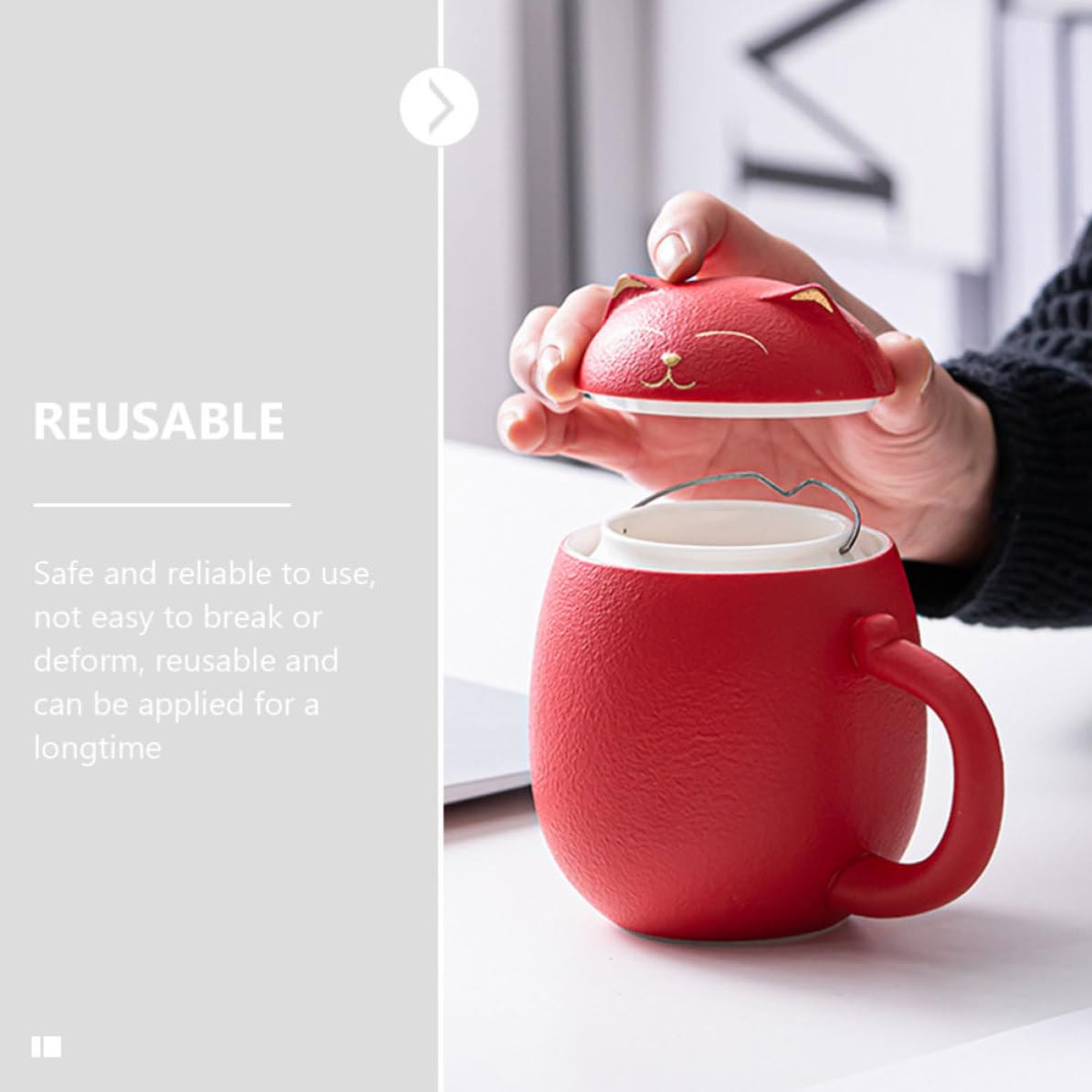 SOLUSTRE Keramik Kaffeebecher 400ml mit Deckel und Filter Katzenmotiv Tasse für Büro und Zuhause Rot Satz