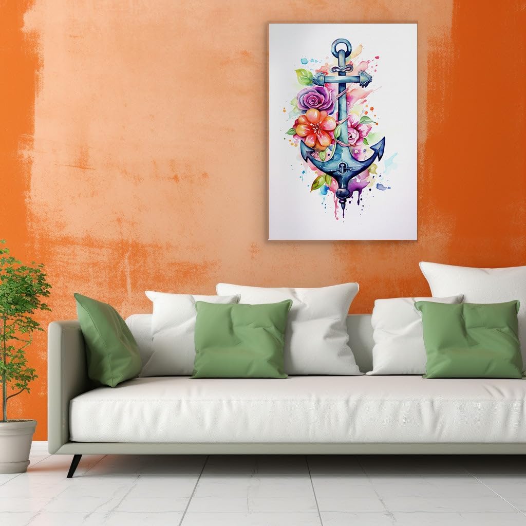 Canvas for Living room. Floral Anchors Aweigh: A Vivid Dream in Watercolor Splendor, 27 x 18 inch Canvas Wall Art - Contemporary Masterpieces - Modern Home Decor