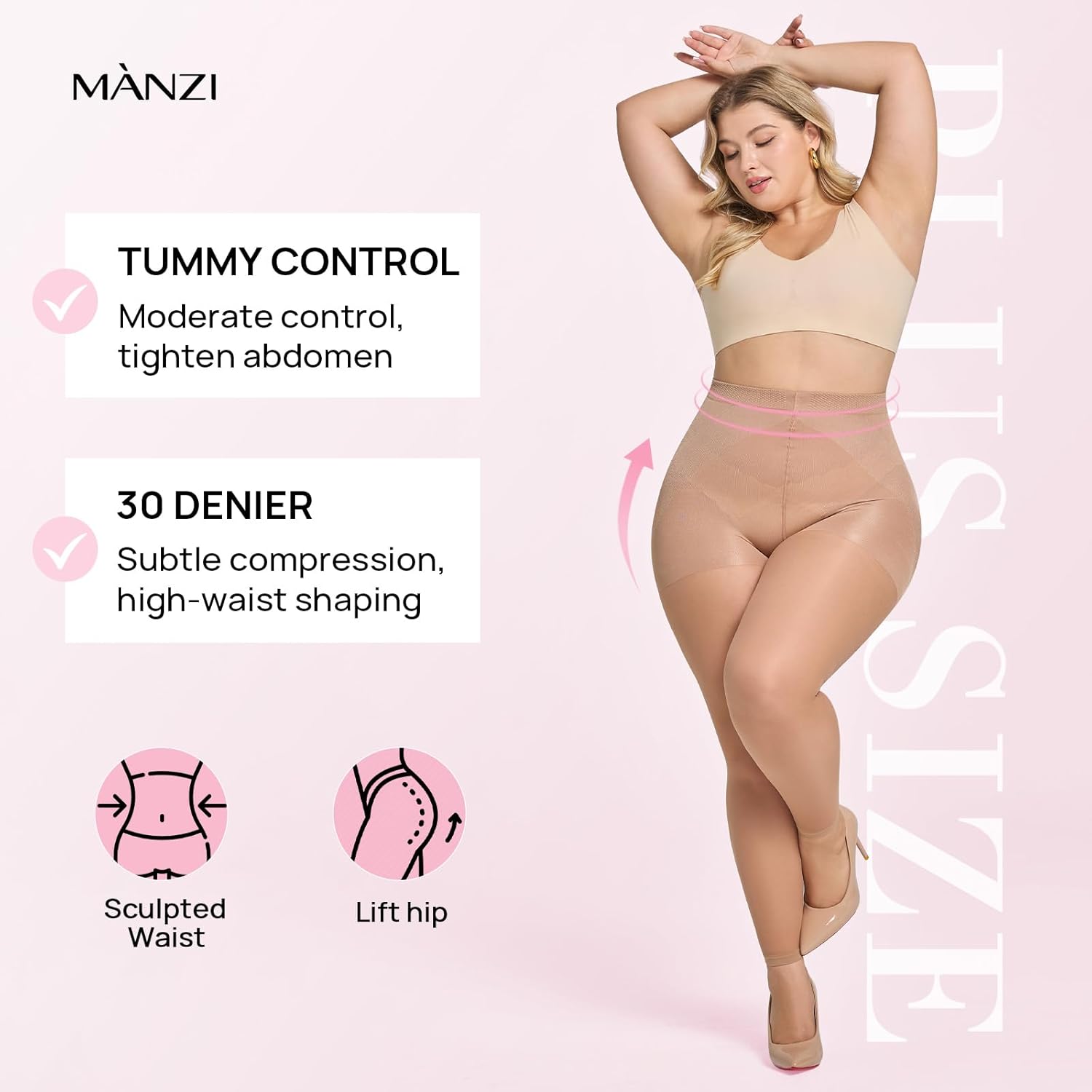 MANZI 2 Pairs Women's Plus Size Footless Sheer Tights Tummy Control 30 Denier Shaping Pantyhose - Image 5