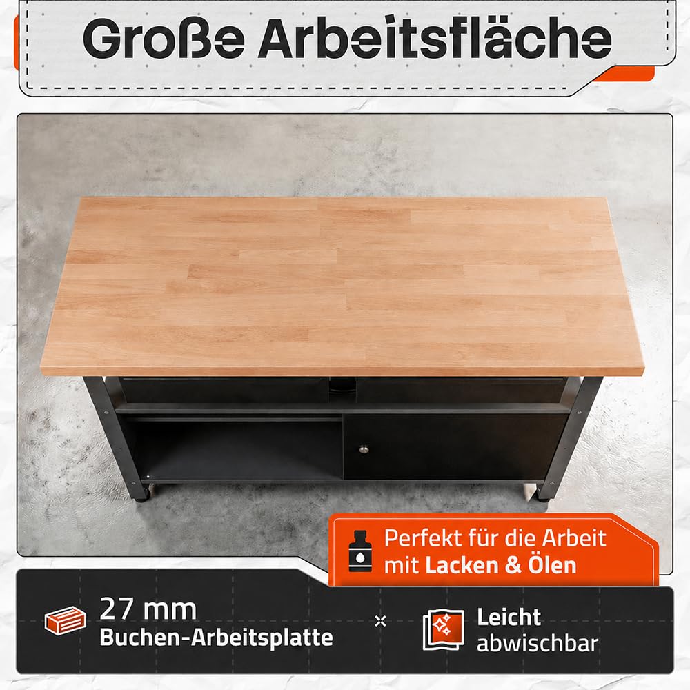 Ondis24 Werkbank Fritz - Höhenverstellbare Werkbank Mit Schubladen, Metall Anthrazit, 120x60x85cm, 28mm Dicke Buchen-Arbeitsplatte, Abschließbare Tür, Belastbar Bis 250kg - Perfekt für Werkstätten