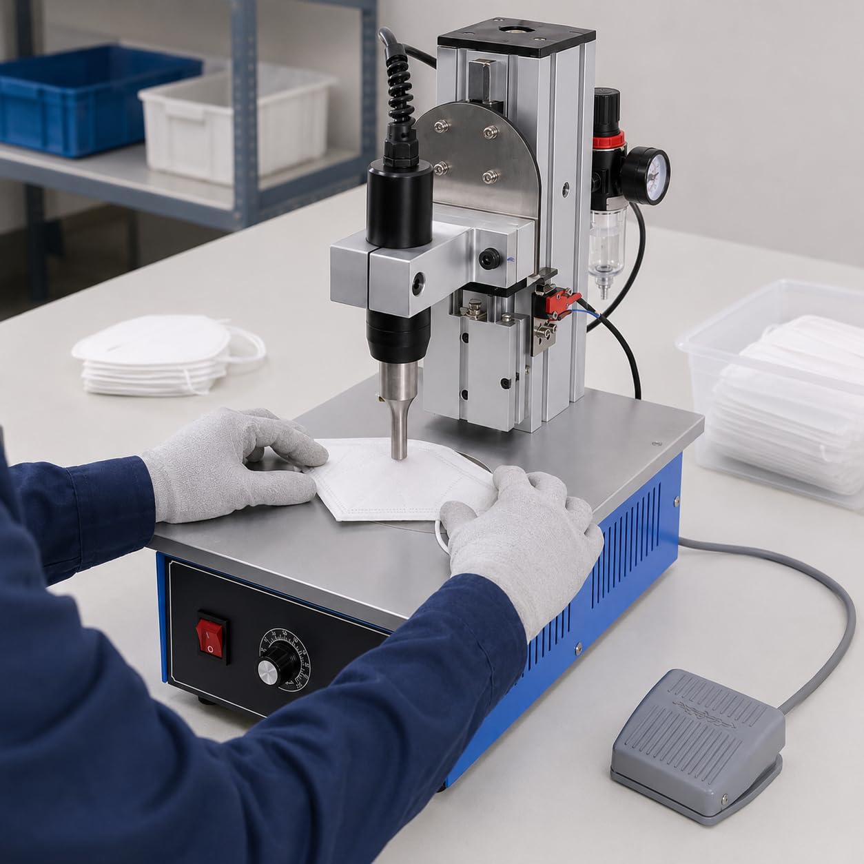Soldadora por puntos ultrasónica neumática, máquina de soldadura de plástico de 30 KHz | Control electrónico de pedal para soldadura, remachado y montaje de materiales no tejidos, nailon y termoplásticos