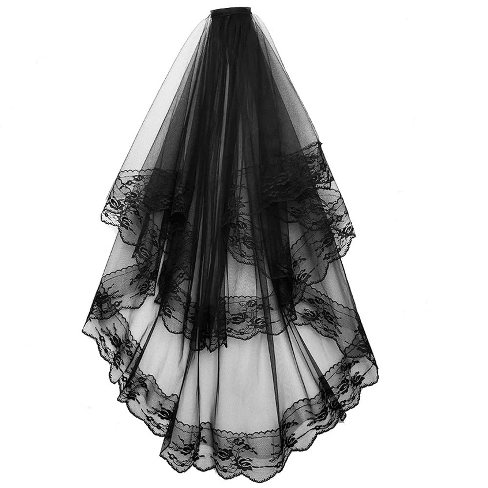 Voile Noir Halloween Mariée Gothique 2 Niveaux - Voile Court Dentelle Avec Peigne Tulle
