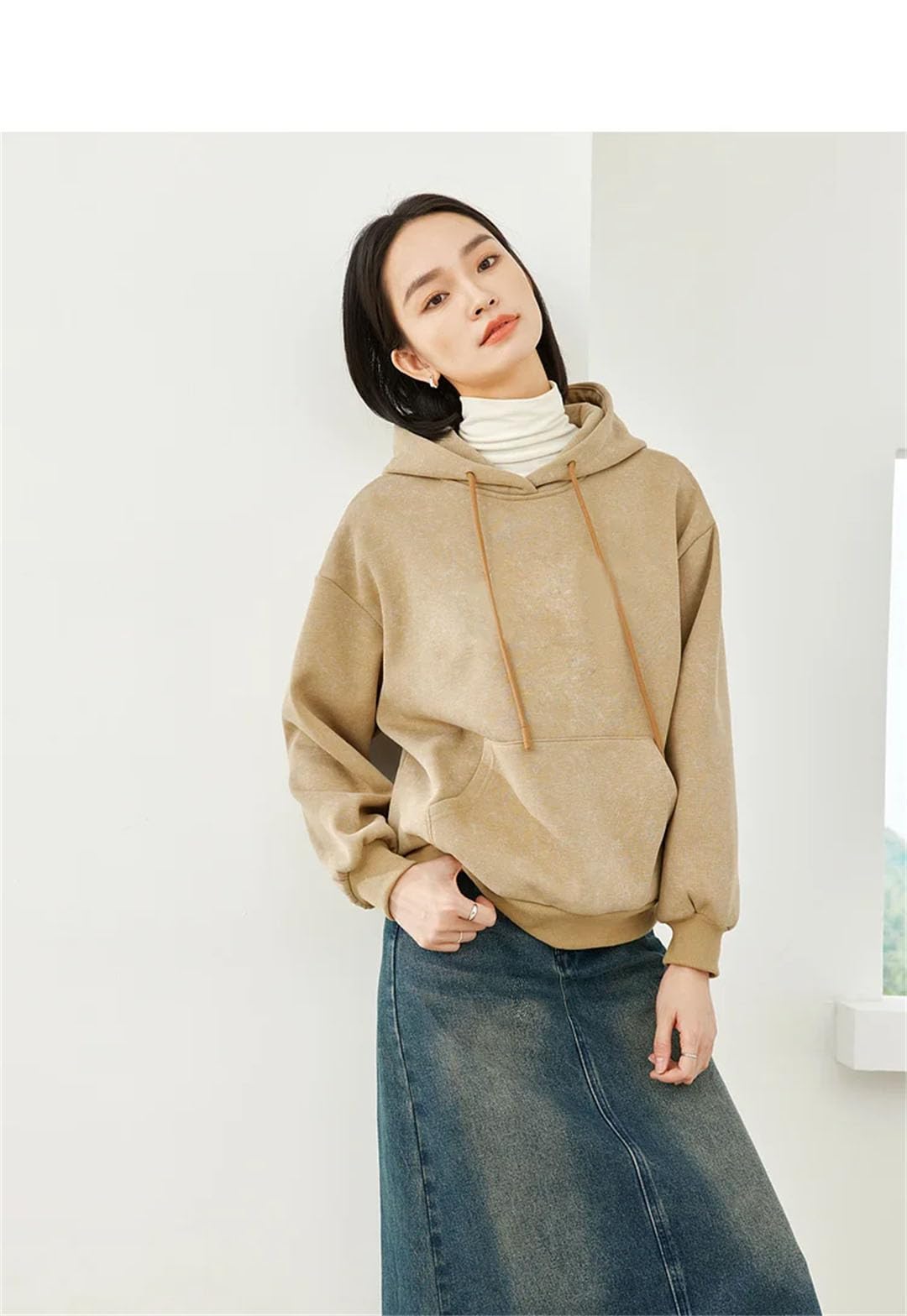 Sudadera con capucha gruesa de forro polar caqui para mujer, sudadera con capucha y letras sueltas, camiseta de manga larga para mujer