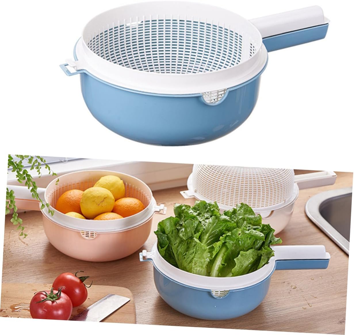 2pcs Double Portable Washing Basket with Handle for Fruits and Vegetables Dual Drain Design Kitchen Colander for Prep and Storage