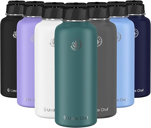 Botella de agua Umite Chef con aislamiento al vacío de boca ancha de acero inoxidable, botella de agua deportiva de 18 a 64 onzas con tapa de paja