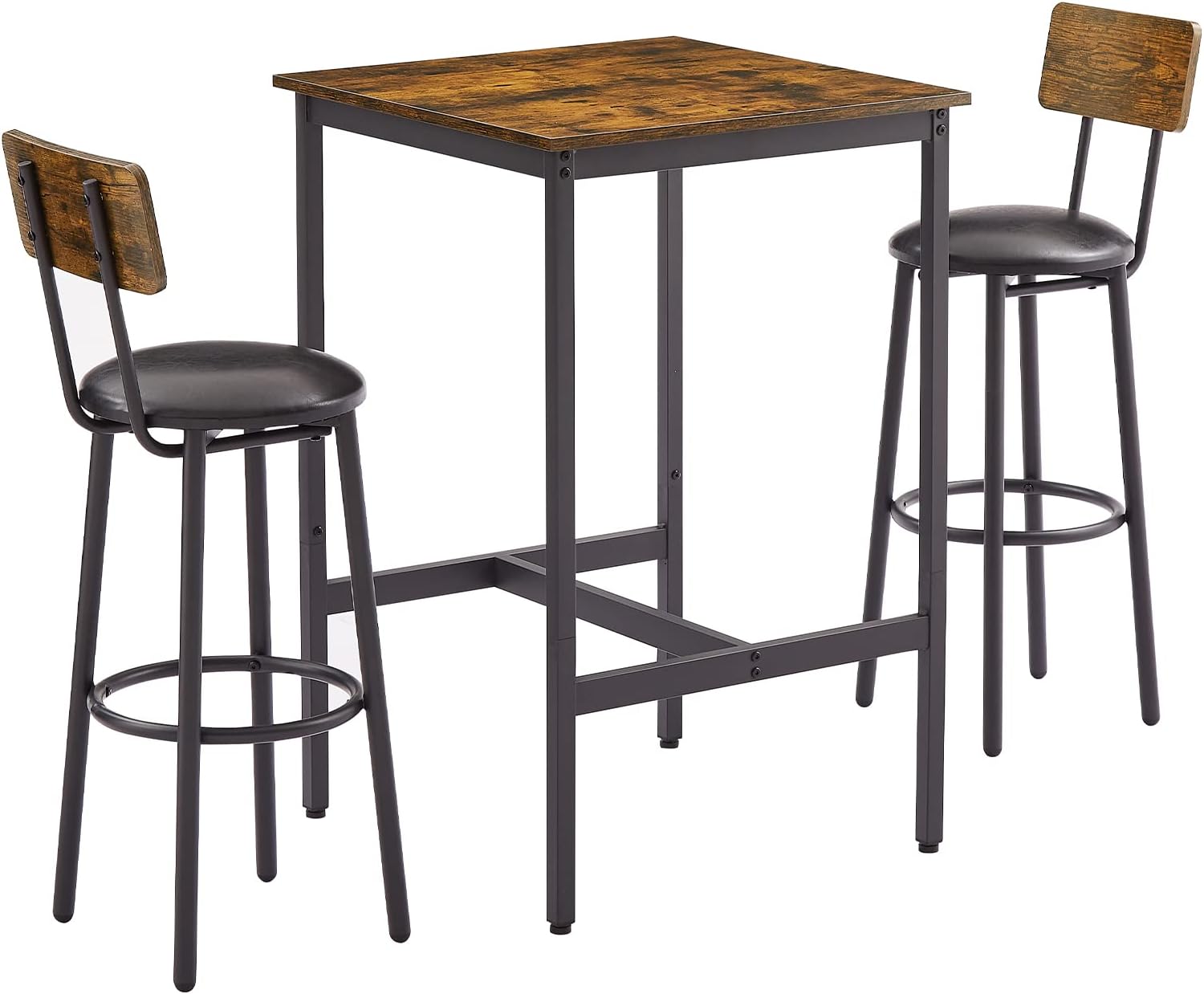 GNIXUU 3-Piece Small Bar Table and Chairs Set, Bar Set with Square Table and PU Stools, Breakfast Coffee Table for 2 with Footrest and for Home & Kitchen Dining Room(Brown)