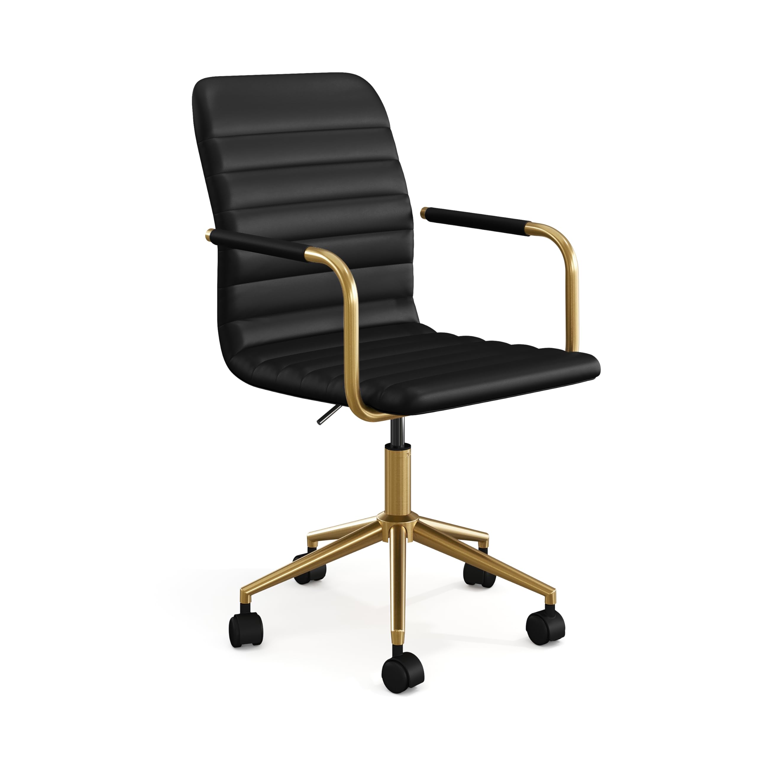 Martha Stewart Taytum Swivel Task Chair with Armrests for Home Office in Black Faux Leather with Polished Brass Frame