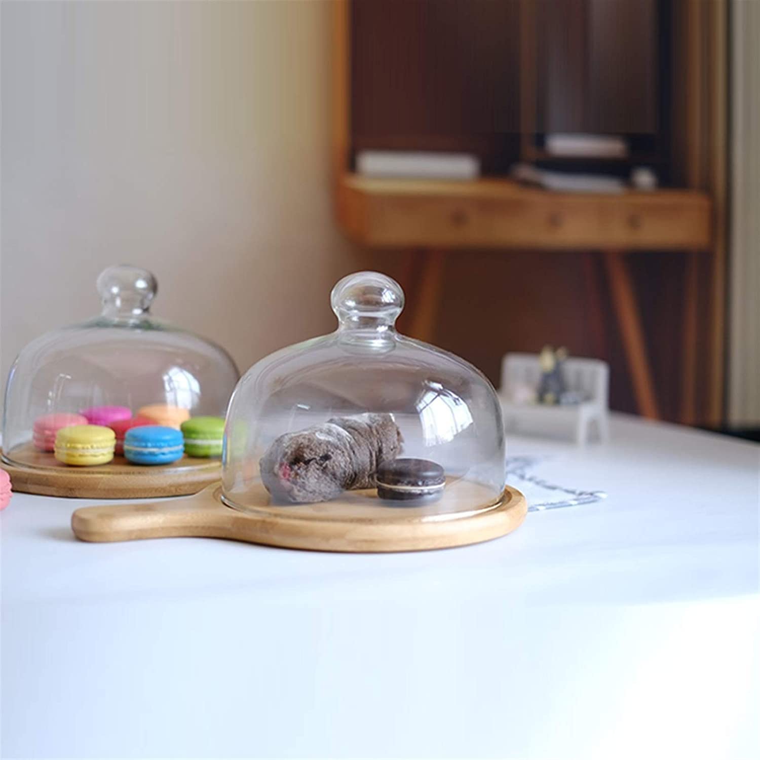 Plateau à gâteau en Bambou avec Couvercle en dôme en Acrylique Transparent et poignée de Plateau Plateau de Service Plat en Bois Présentoir à Cupcake Rond pour Fromage à Sandwich