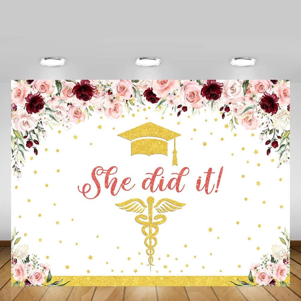 MEHOFOND 8x6ft Nurse Graduation Backdrop Congratulations Graduates Rose Gold Congrats Grads She Did It Banner Glitter Gold Spots Floral Background