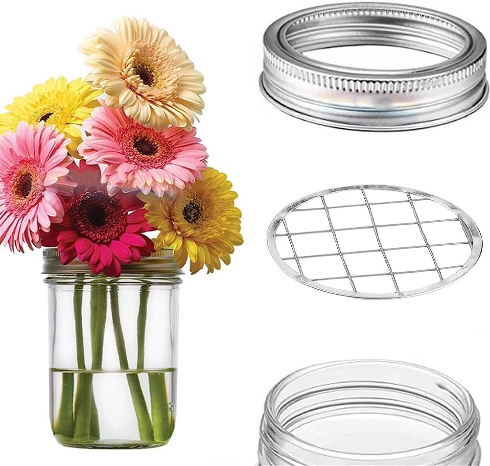 GORGECRAFT 16PCS 2 Sizes Metal Flower Lid Insert Mason Jar Frog Lids Insert Square Grid Organizer Floral Arrangement Glass Bottle Vase Covers Arranging Supplies for Regular Mouth Mason Canning Jars
