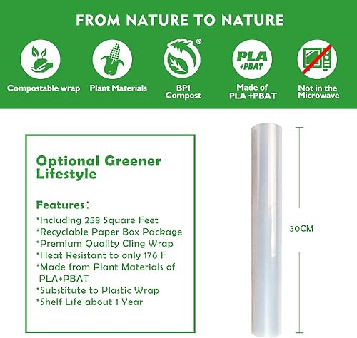 Miniatura 2 de WRAPOK Rollo de película alimentaria de ácido poliláctico biodegradable para cocina, 100% compostable, con cortador deslizante - 258 pies cuadrados