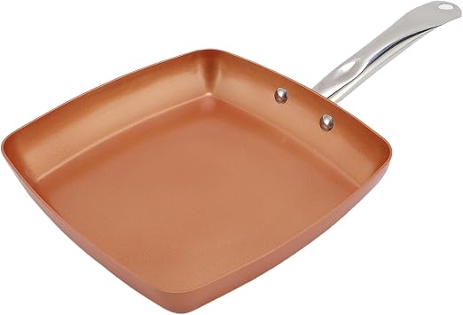 Luocute Square Frying Pan, Copper Color Aluminum Alloy Stainless Steel Nonstick Skillet with Compound Bottom for Open Stove Induction Cooker, Cookware for Eggs & Omelet