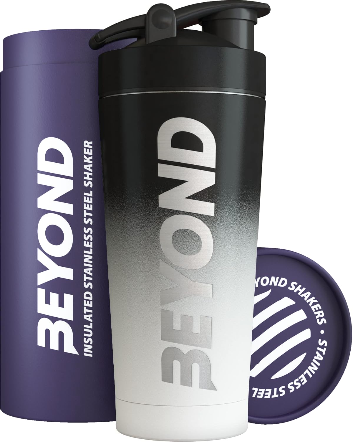 Beyond Shakers Black & White Insulated Metal Protein Shaker, Stainless Steel Supplement Bottle - Bpa Free For Gym 735Ml In