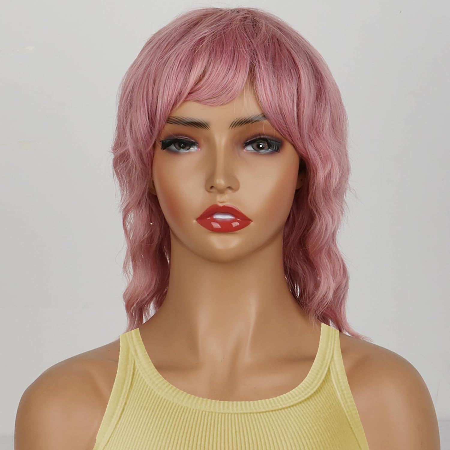 Matthia Curly Mullet Wigs Short Bob Wavy Pink Wig with