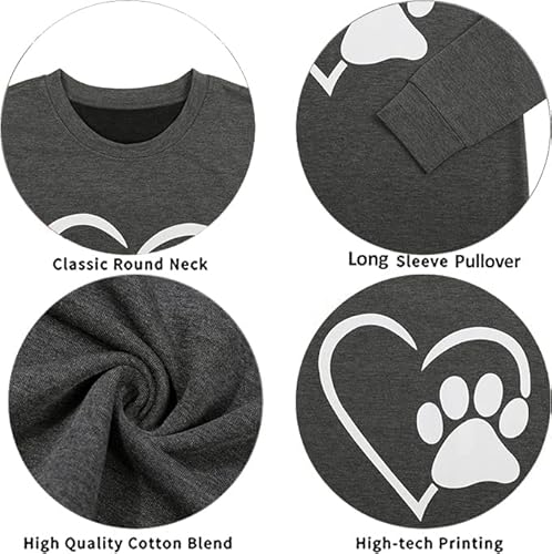 Bangely Heart Dog Paw Graphic Sweatshirt Women Cute Dog Mom Shirts Casual Crewneck Fashion Pullover Tops Dark Grey #TOP4