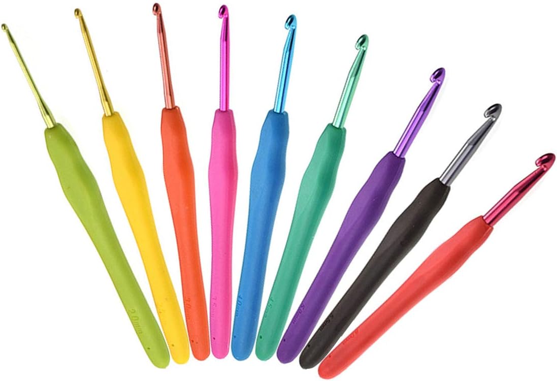 Crochet Hook Set, 9Pcs Color Soft Rubber Handle Craft Aluminum Crochets