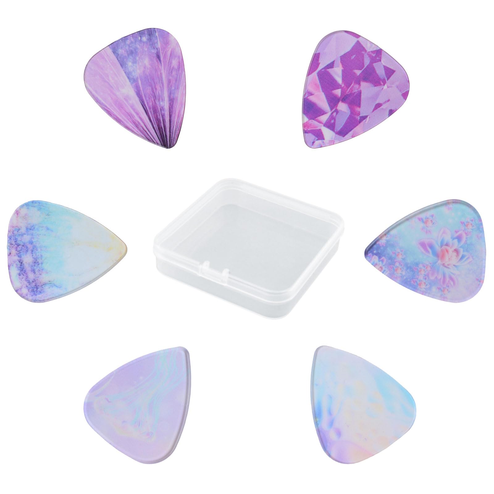HOMMDECO Fancy Clear Guitar Pick 6PCS Clear Square Box Three Thicknesses Suitable for Bass Electric Guitar Ukulele Classical Music Playing Instrument Accessories (Purple Theme)