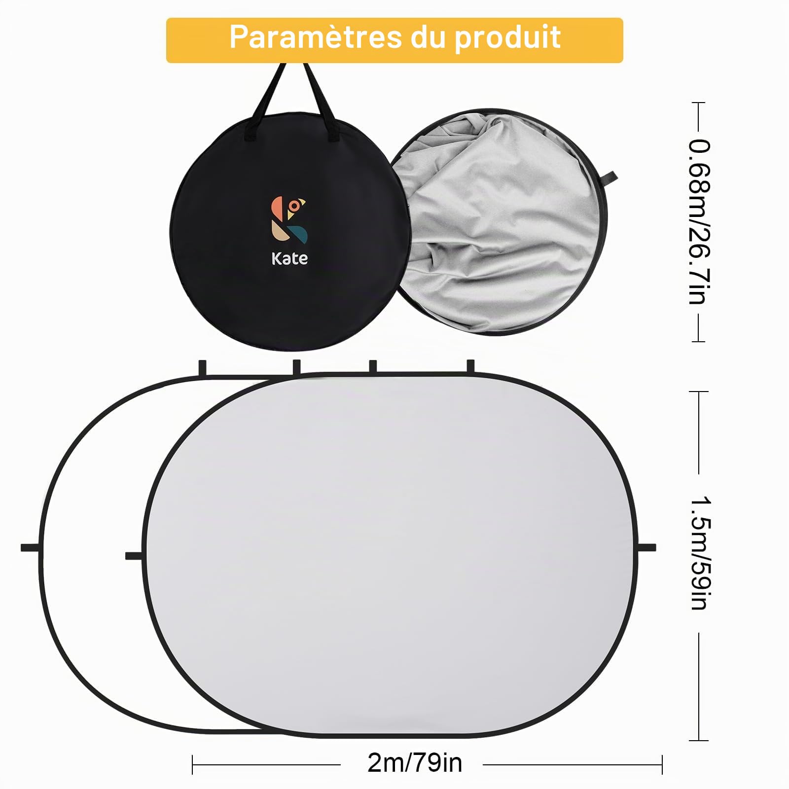 Kate Toile de fond pliable double face pour photographie, jeux et streaming en direct (1,5 x 2 m, blanc/gris)