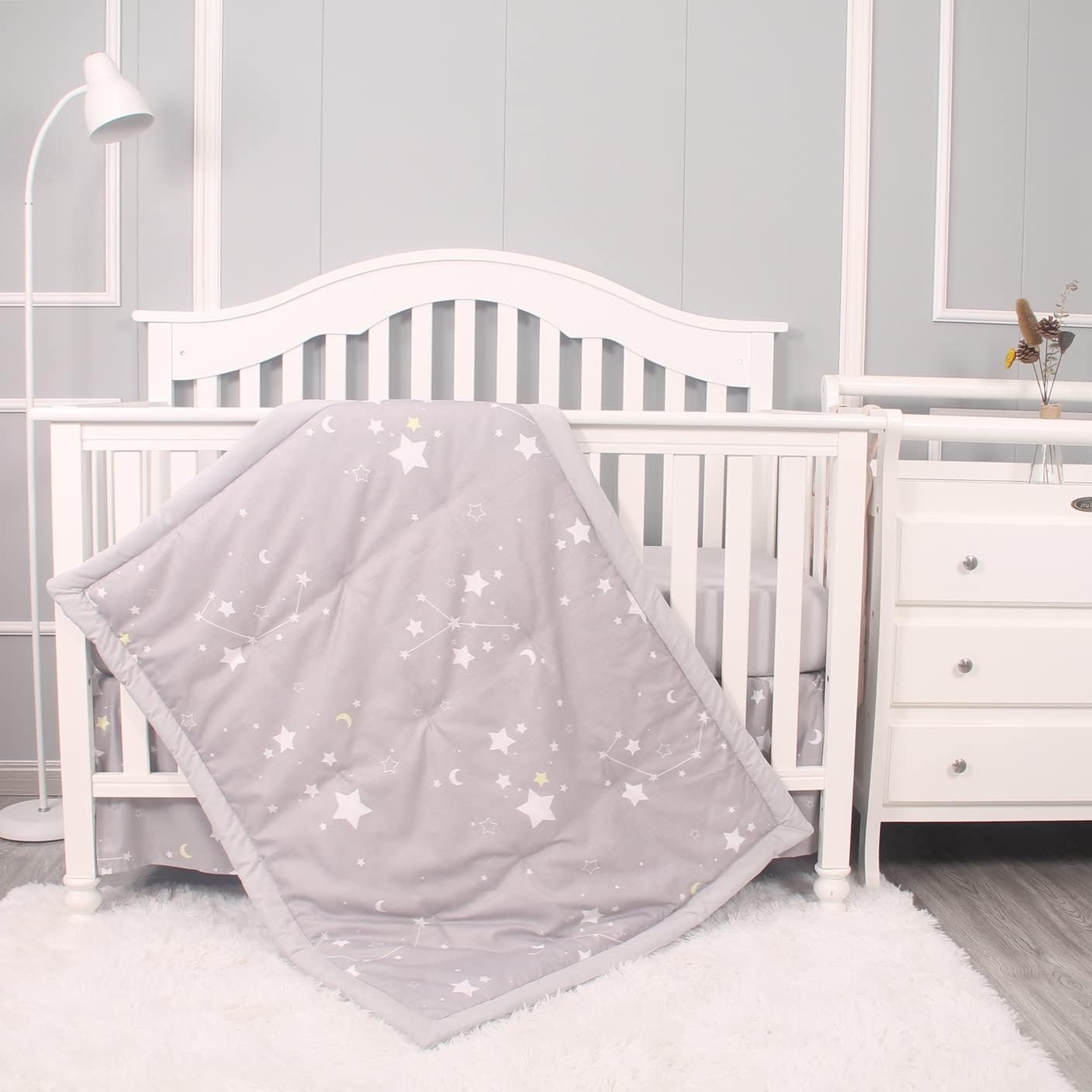 Belsden 3 Piece Crib Bedding Set for Baby Boys Girls, Classic Nursery Bedding Essential Including Comforter, Crib Sheet and Crib Skirt, Ultra Soft Cozy, Star Light Grey