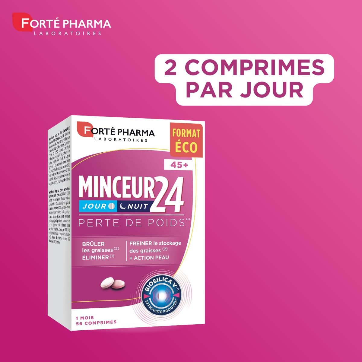 Forté Pharma - Minceur 24 45+ - Minceur perte de poids femme 45 ans et +, bruleur de graisse, Glycémie - Collagène, Vitamines B, Prêle, Piment, Zinc, Chrome - 2/jour, 28 jours