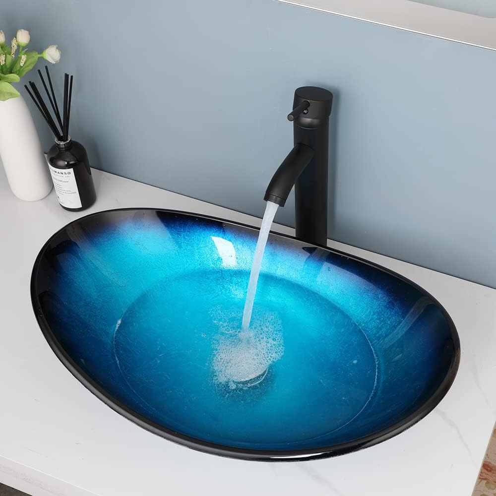Blue Tempered Glass Vessel Sink with Faucet and Drain 21 Inch Oval Bathroom Sink Above Counter, Bathroom Basin Bowl Sink