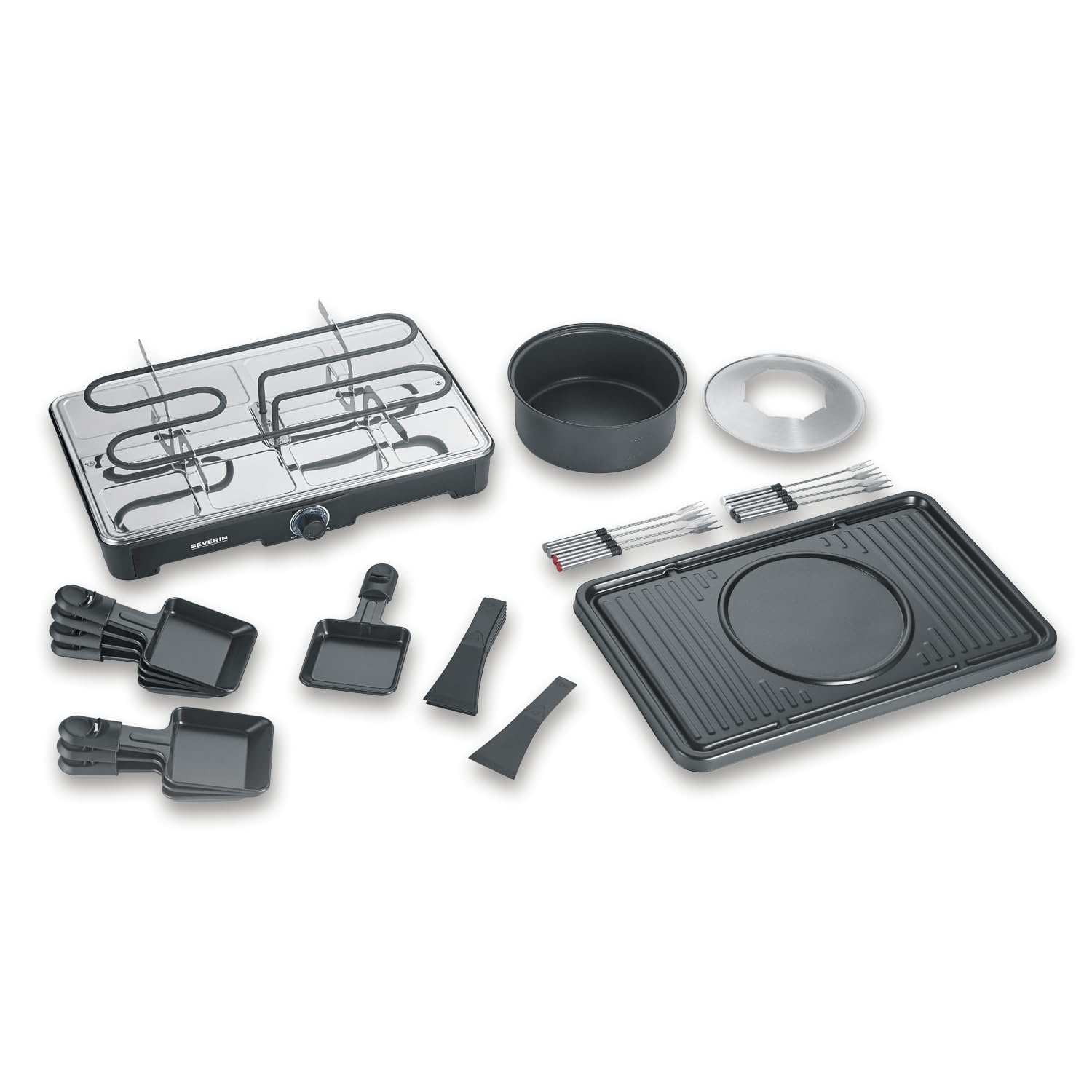 SEVERIN Raclette Grill e Fonduta 2in1, 1400W, 8 Padelline, 8 Spatole e 8 Forchette, Piastra Ceramica, Temperatura Regolabile, Cavo Lungo 195 cm, 42,0 x 28,0 x 12,0 cm, Nero - RG 2347