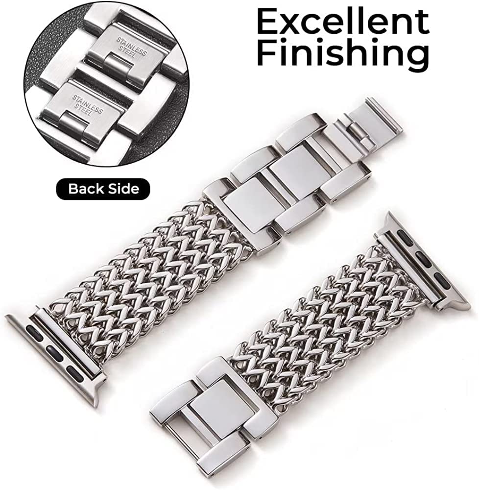 HANDODO Stainless Steel Watch Band Compatible With Apple Watch Series 8/7/6/5/4/3/2/1 SE1/2/3 Apple watch Ultra, iWatch Sleek Bracelet Fashion Metal Strap For Men and Women (Silver, 42/44/45/49mm)