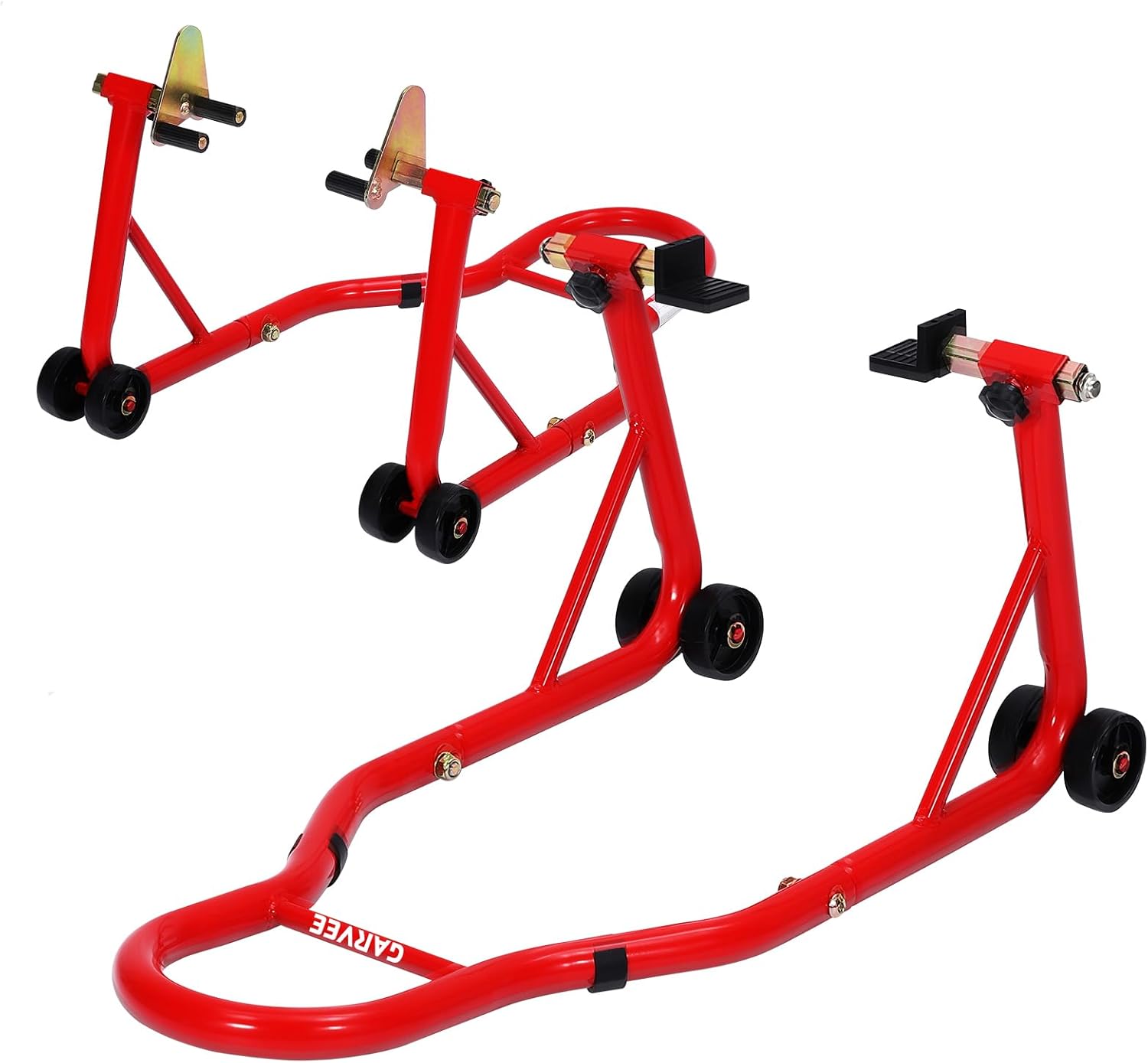 Garvee Motorcycle Stands Front and Rear, 900 LB Heavy Duty Front & Rear Wheel Lift Combo with Prong Adapters+L Adjustable Swingarm Spool, Universal Paddock Stands for Most Motorcycles, Red
