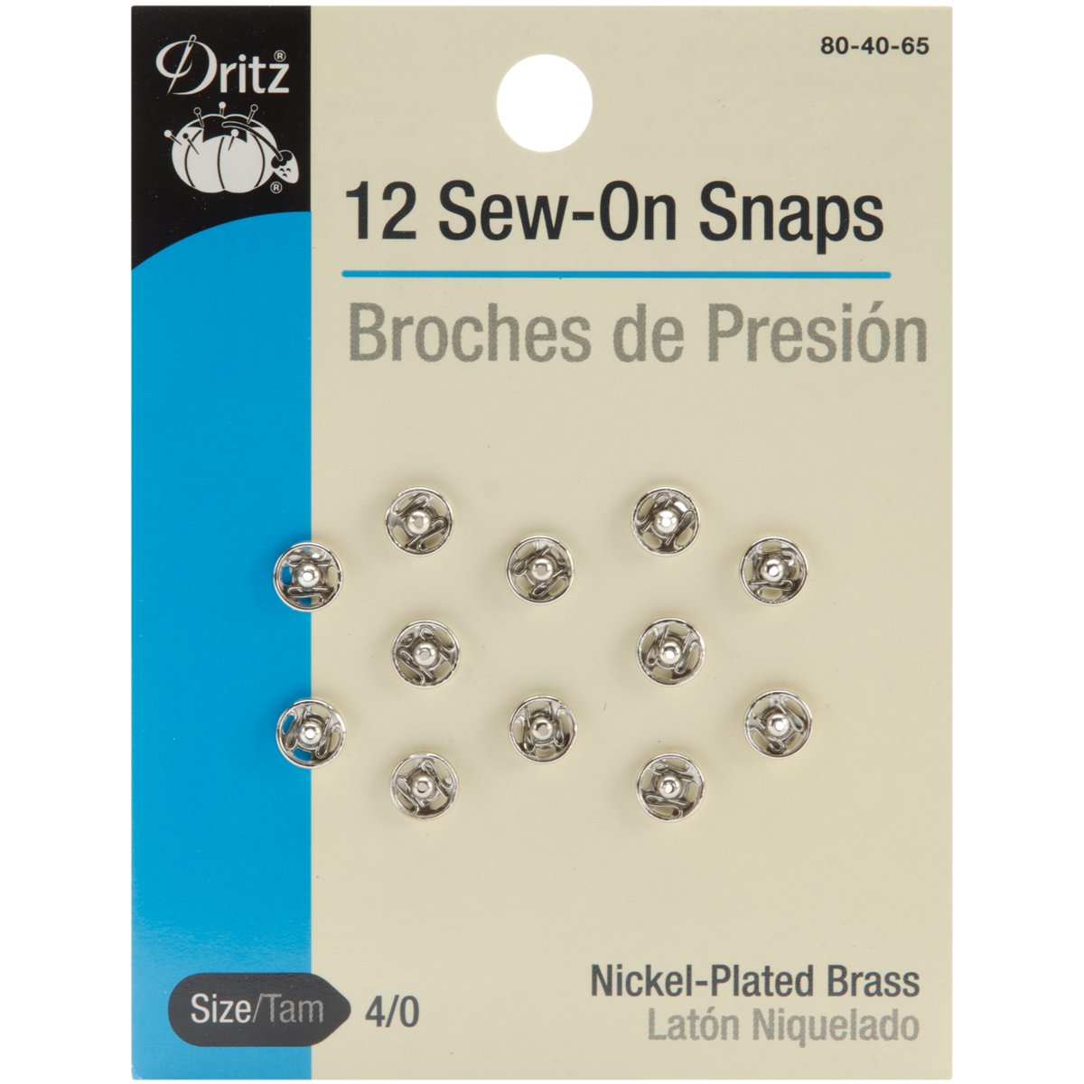 Dritz 80-40-65 Sew-On Snaps, Nickel-Plated Brass, Size 4/0 12-Count