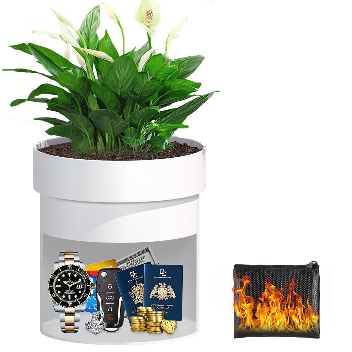 Sdstone Fireresistant Waterproof Flower Pot Diversion Safe with Fireproof Money Bag and Lock,Stainless Steel Secret Hidden Safe,Perfect for Hiding The Valuables Inside Flower Pot False Bottom(White)