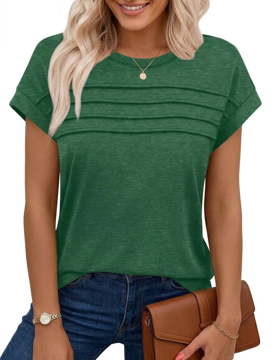 Chicrise Women's Dark Green Vest Tops Uk Summer Pleated Cap Sleeve Tank Top Crew Neck Sleeveless Basic Casual T Shirt Small 8-10