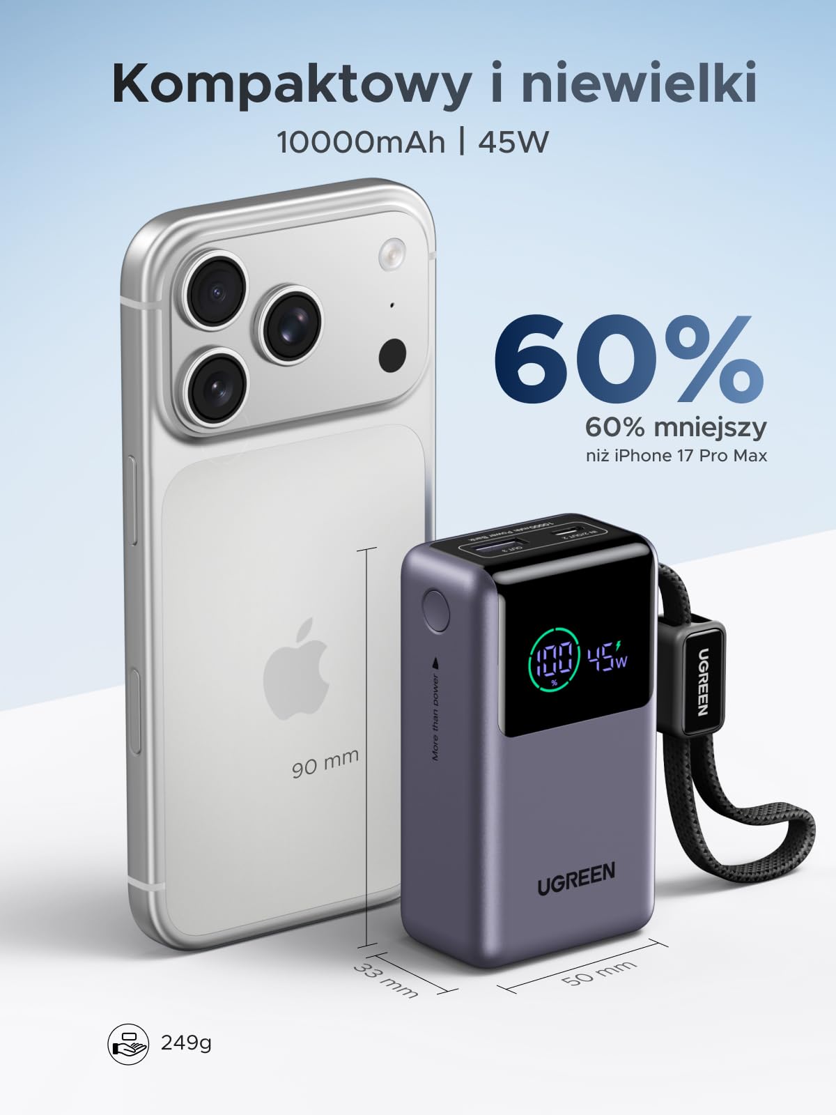 Power bank UGREEN 55W, 10000mAh z wbudowanym kablem, HyperCharge dla Xiaomi, szybkie ładowanie PD 45W, kompatybilny z iPhone'em 17/16/15, szary