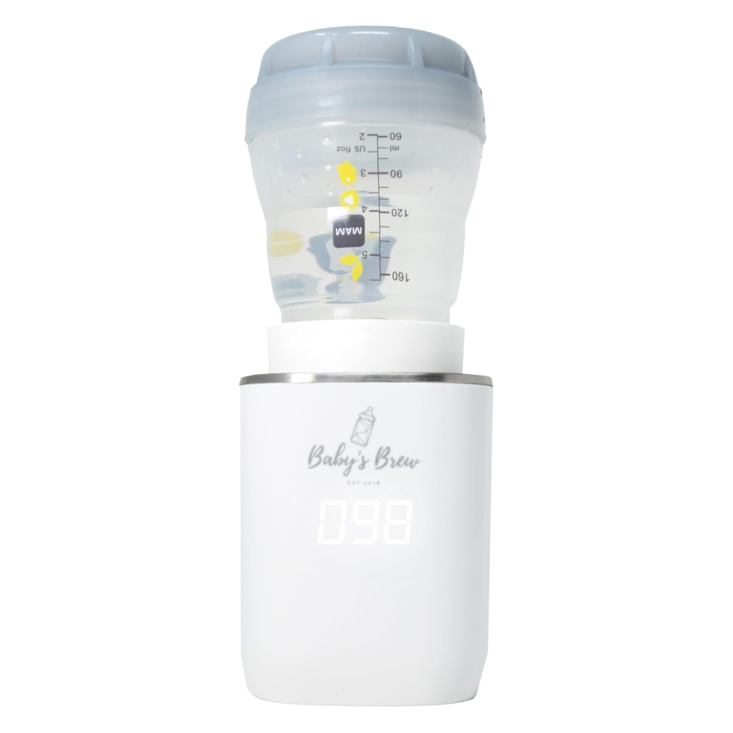 Baby's Brew Portable Bottle Warmer Pro with a MAM bottle attached, displaying a temperature of 98 degrees.