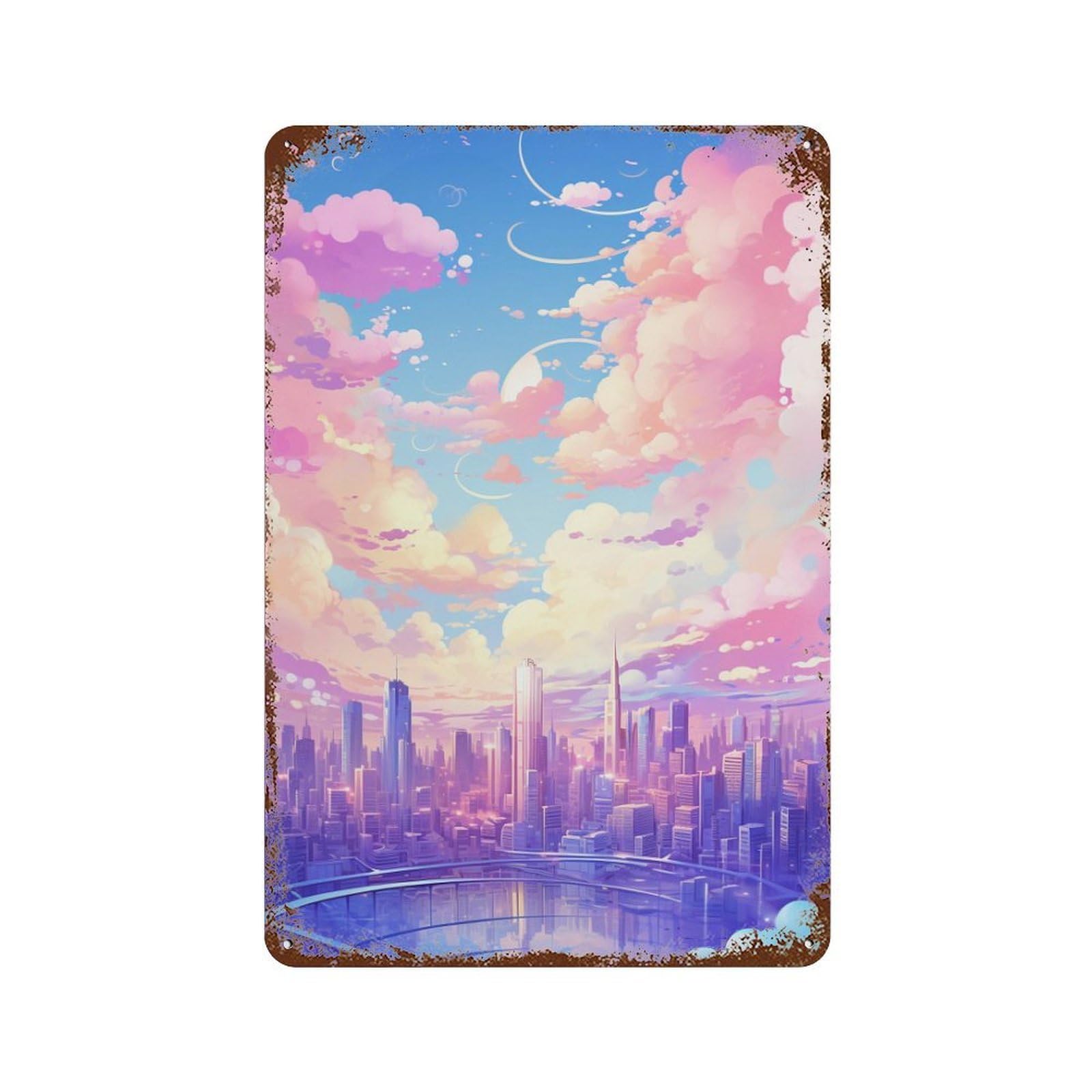 Pastel Cityscape Skyline Retro Metal Sign 11.8"x7.9", Classic Wall Plaque for Basement, Hobby Room And Garage Decor