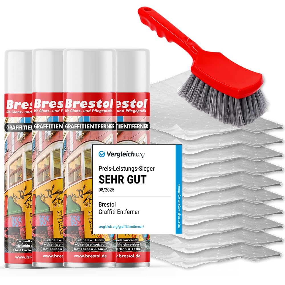 BRESTOL® GRAFFITI ENTFERNER 4x 400 ml Spray SET - inkl. Chemikalienbindevlies & Bürste - Graffitilöser Farbabbeizer Farblöser Farbentferner Lackentferner Lacklöser Lasurlöser Abbeizmittel Abbeizer