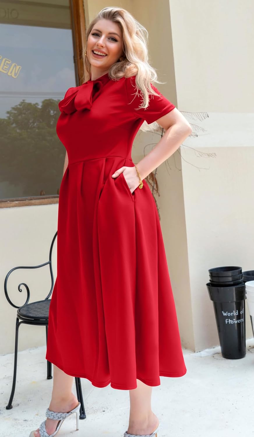 Memoriesea Women's Elegant Casual Short Sleeve Work Party A-Line Dress with Pockets - Image 5