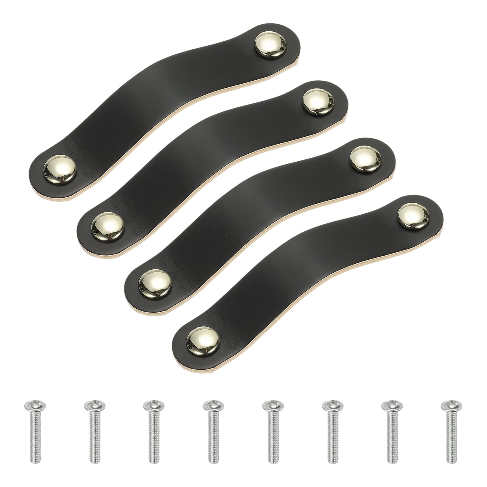 PATIKIL Leather Drawer Pulls, 4 Pcs Leather Handle Double Hole Cabinet Dresser Knobs with Screw for Bathroom Kitchen Dresser Cupboard Door, Black
