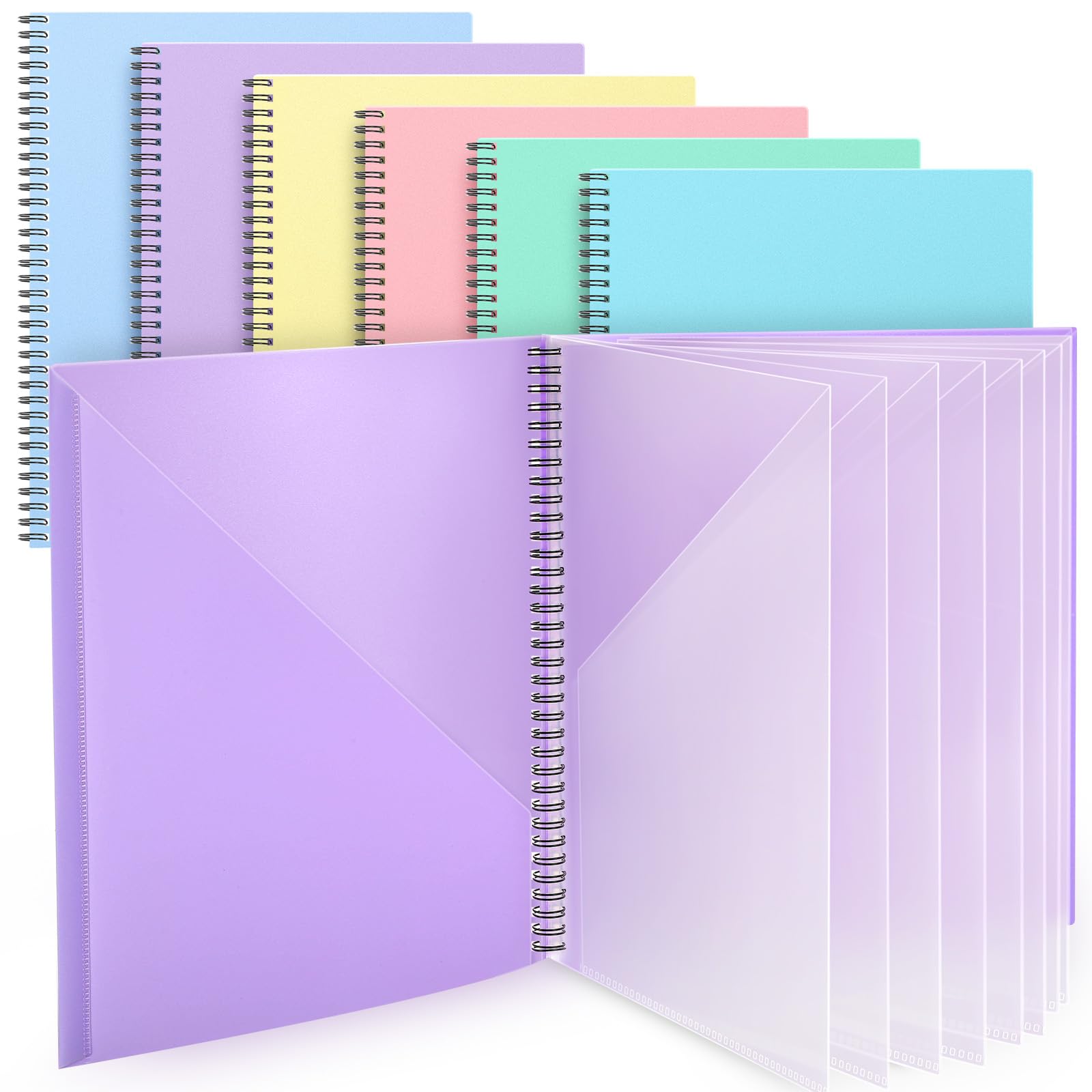 Qilery 6 Pcs 10 Pocket Pastel Folder Bulk Plastic Spiral Project Organizer for Documents Papers Homework Portfolio Folder Binder with Plastic Sleeves