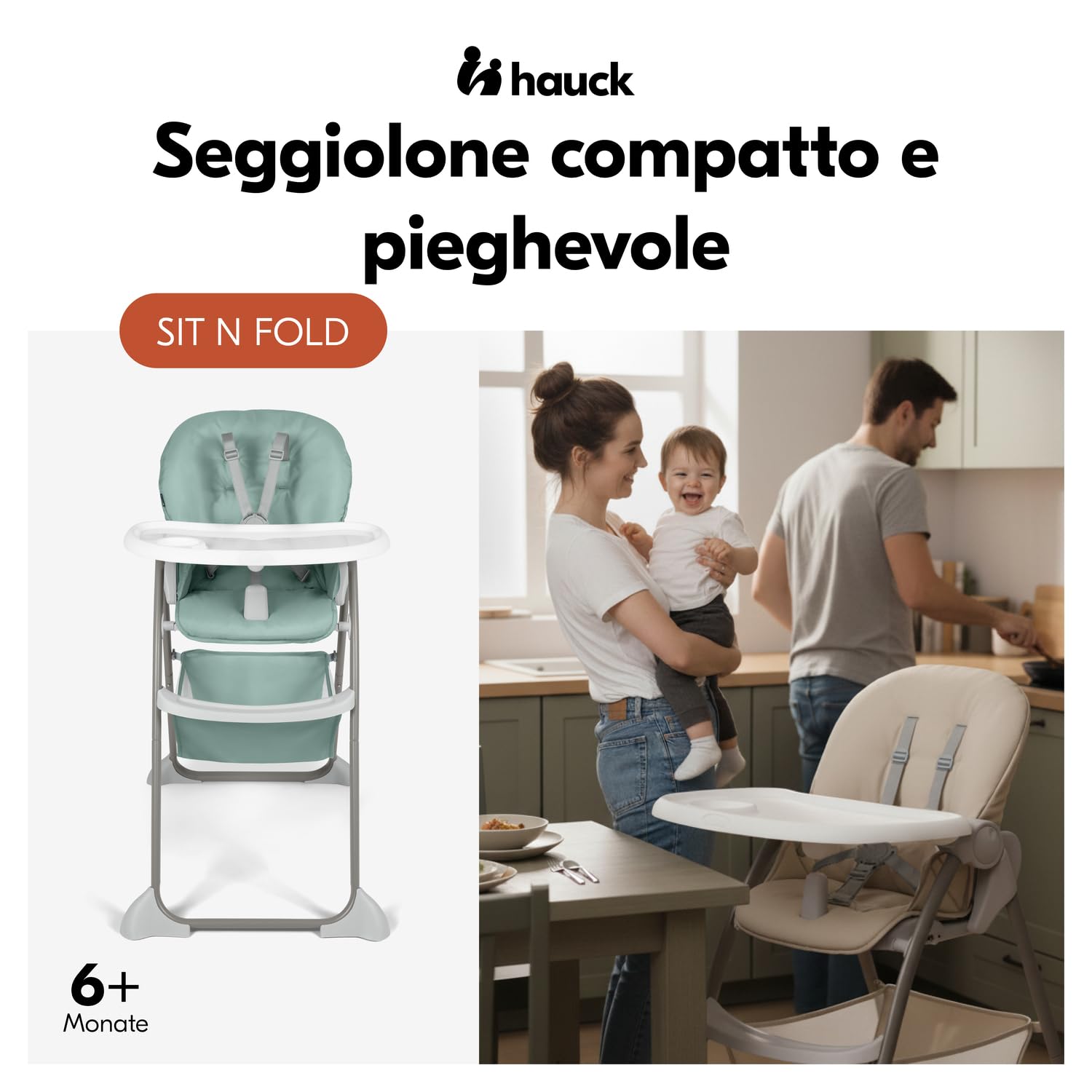 hauck Sit N Fold, Dusty Mint - Seggiolone Pappa Pieghevole e Leggero per Bambini da 6 Mesi Fino a 15 kg, Schienale Reclinabile, Cintura a 5 Punti, Vassoio XL Removibile, Cestello Portaoggetti
