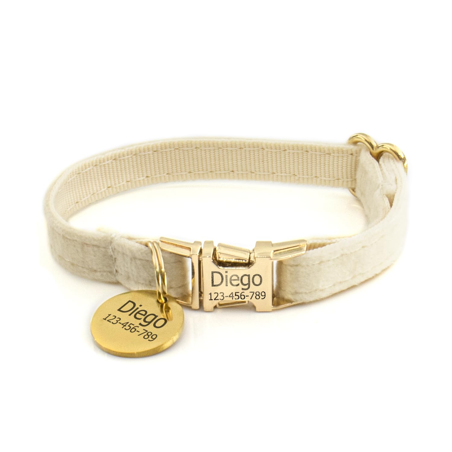 Customized Soft Artificial Velvet Cat Collar, Personalized Cat Tag, Laser Engraved Metal Button Cat Collar, Neck Circumference 0.6-1.2 inches (Cream) — image 1