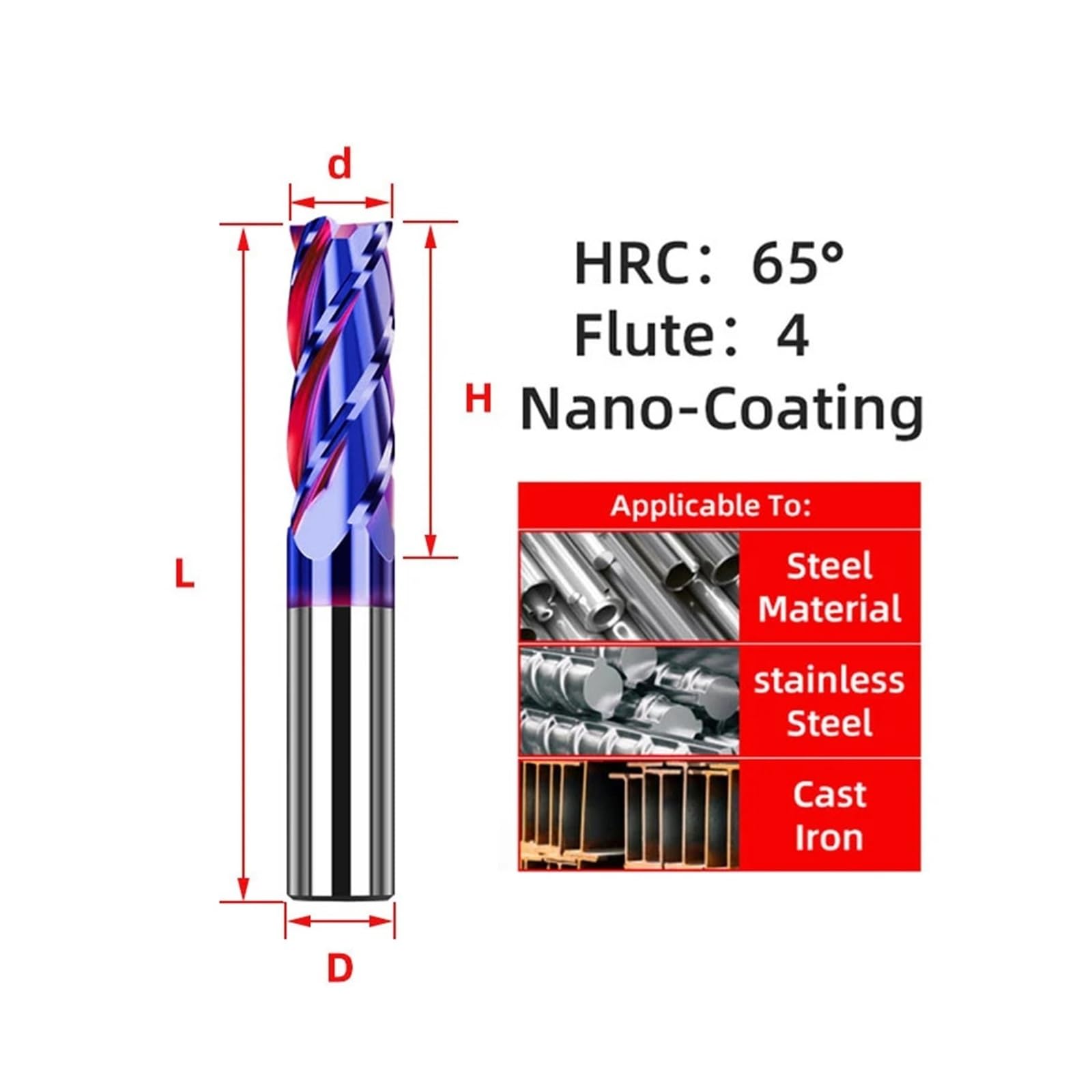 1 fresa de extremo de carburo HRC65 de 4 flautas. | Fresa de metal, herramienta de corte, CNC, revestimiento a máquina, fresas planas for acero inoxidable(D9xD10x75L)