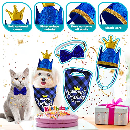Coobe Hundegeburtstags Bandana Hut Fliege Set, 3 teiliges Hundegeburtstags Party Zubehör Hundekariertes Bandana Bling Kronen Hut Glitzer Fliege Halsband für kleine mittelgroße Hunde