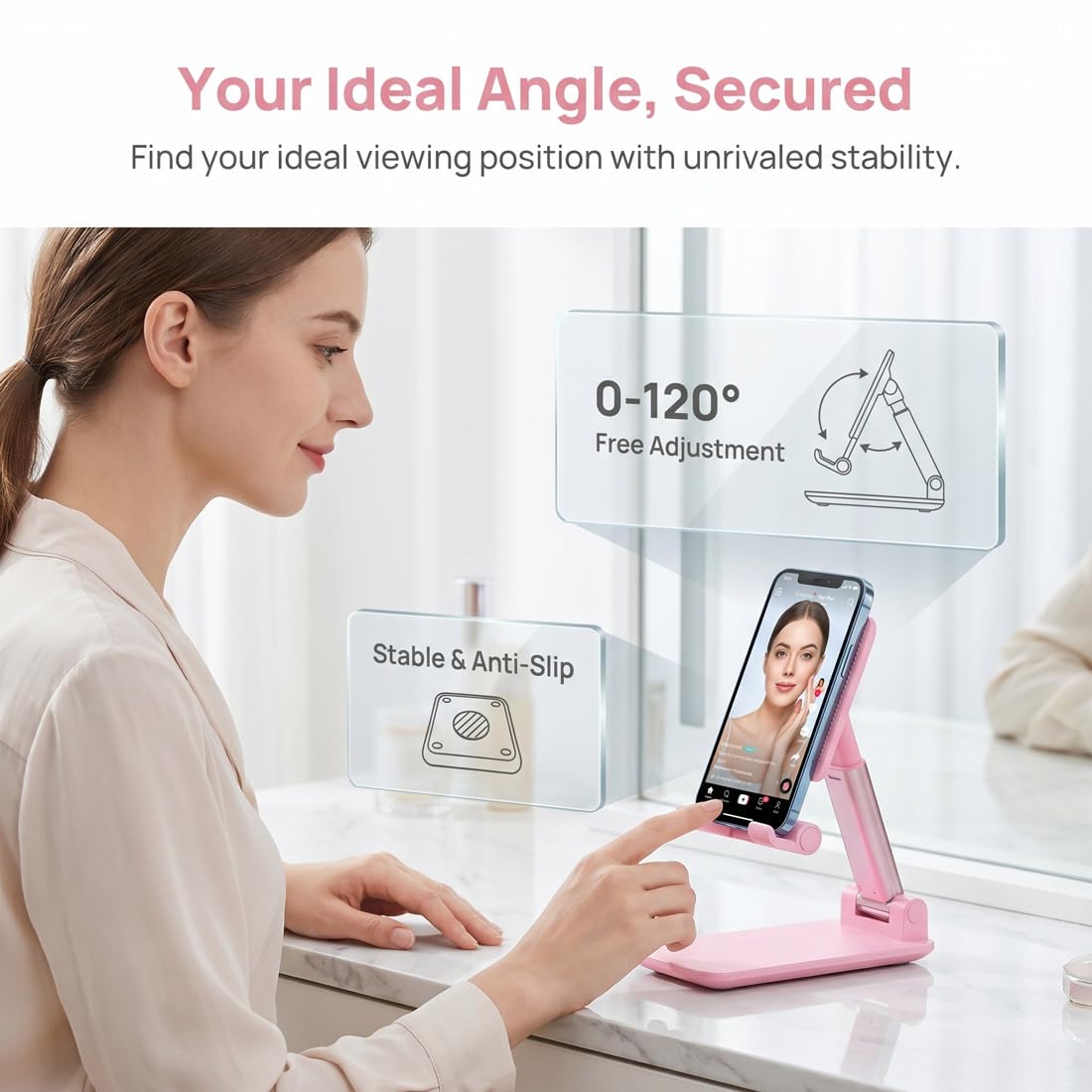 Soporte para teléfono, soporte para teléfono celular ajustable en ángulo con almohadilla de silicona para escritorio, soporte para teléfono móvil totalmente plegable, compatible con todos los