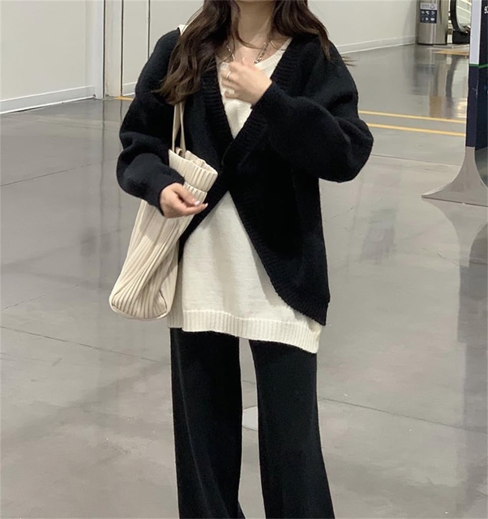 セットアップ レディース フェイクレイヤード レイヤードルック 重ね着 セーター ワイドパンツ 上下 2点セット ニットパンツ トッ